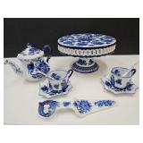 Blue & White Cake Plate, Server & Tea Set