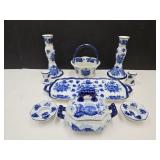 Blue & White Tray, Shakers, Basket, Candle Holders