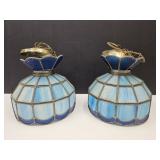 2 Stained Glass Blue Hanging  Light Fixtures 10"w