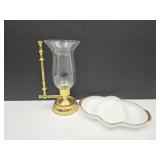 Brass Candle Holder W Glass Dome & Fire King Dish