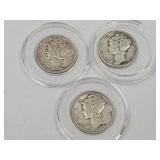 3 Silver Mercury Dimes, See Dates