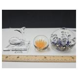 2 Unmarked Paperweights, Glass Whale w Base