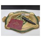 VTG Italy Gilt Tray, School Book, Hohner Harmonica