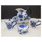Blue & WShite WSater Pitcher & Bowl, Powder Jar