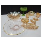 Indiana Green Satin Compote, Peach Luster ++