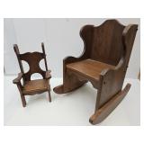 SOLID Wood Childs Rocking Chair & Oak Doll Chair