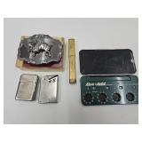 2 Vintage Lighters, Bull Belt Buckle & Razor +