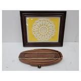 Signed Wood Art Basket 12 1/2"L & Framed Doily