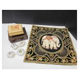Beaded Elephant Pillow Case, Musical Boxes & Porc
