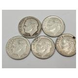 5 Silver Roosevelt Dime Coins See Dates