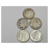 5 Silver Roosevelt Dime Coins See Dates