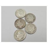 5 Silver Roosevelt Dime Coins See Dates