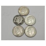 5 Silver Roosevelt Dime Coins See Dates