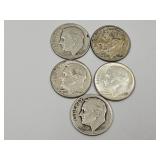 5 Silver Roosevelt Dime Coins See Dates