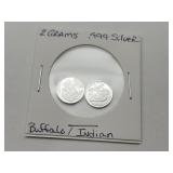 2 Grams .999 Fine Silver Buffalo & Indian Head