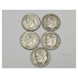 5 Silver Roosevelt Dime Coins See Dates