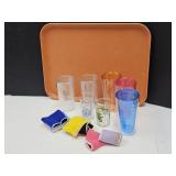 Lunch Tray W 5 Tumblers, 8 Koozies + (See Pics)