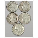 5 Silver Roosevelt Dime Coins