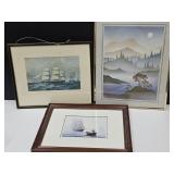 Framed Ship & Nature Art Approx. 18"x20"