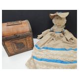Antique  32" Rag Doll & Storage Box11 x 12"h