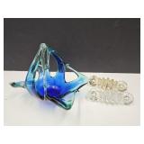 Art Glass 7" L Basket & 2 Vintage Insulators