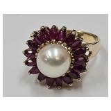 14K Gold Ring Pearl & Gem Stones SZ 5