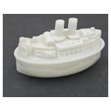 Flaccus Battleship Milk Glass Covered Dish 7"L