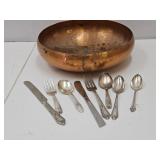 Copper Bowl  8.5" w & Baby Utensils