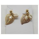 Gold Plated Pearl Dangle Leaf Earrings