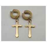 Gold Tone Cross Clip On Earrings