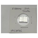 2 Grams .999 Fine Valcambi Silver Bars