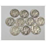 10 Silver Mercury Dime Coins, See Dates