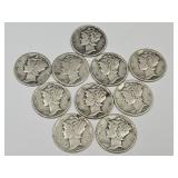 10 Silver Mercury Dime Coins, See Dates