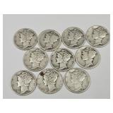 10 Silver Mercury Dime Coins, See Dates