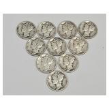 10 Silver Mercury Dime Coins, See Dates