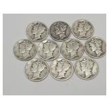 10 Silver Mercury Dime Coins, See Dates