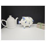 Coasters- Vera Bradley?< 10"L Piggy Bank, & Teapot