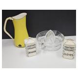 Antique Spice Jars, Porcelain Enamel Pitcher 7" +