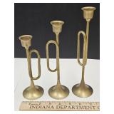 3 Brass Horn Shaped Candle Holders Up To 9" H
