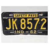 1962 Indiana Embossed License Plate