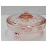 Pink Etched Depressionware Glass Candy Jar w Lid