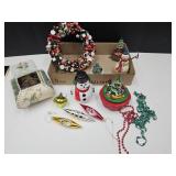 Christmas Decor -Ceramic Snowman,   Wood Wreath,+