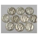 10 Silver Mercury Dime Coins, See Dates
