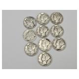 10 Silver Mercury Dime Coins, See Dates