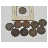 9 Indian Head Pennies & 1 Flying Eagle WORN Front