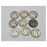 9 Silver Mercury Dime Coins, See Dates