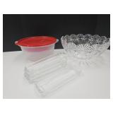 4 Corn Holders, 12" Glass Bowl & Food Storage