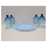 Blue Lattice 10 1/2 " Plate& Candleholders 1 chip