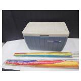Coleman 48 Cooler with 2 Beach Umbrellas