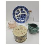 VTG Creamer, Syrup Bottle, Blue Willow Platter +